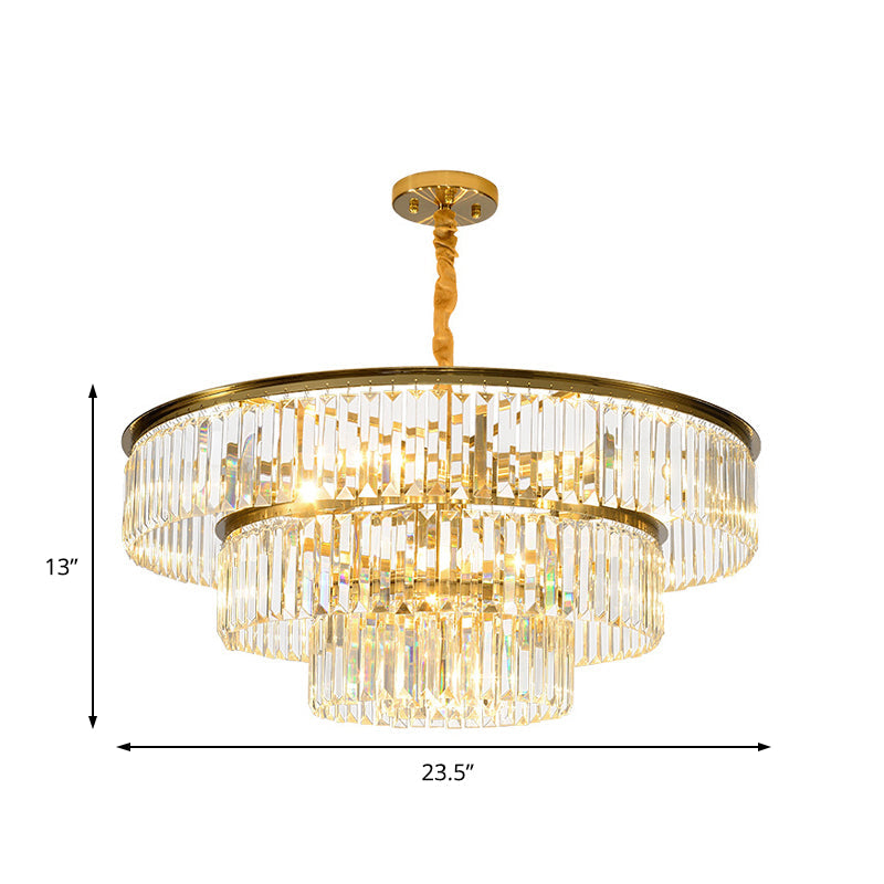 Contemporary Gold Metal Pendant Chandelier with Crystal Block - 3-Tier Round Design