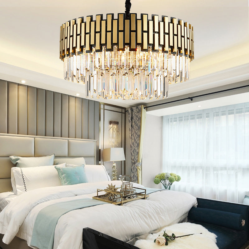 Contemporary Golden Chandelier Light With Faceted Crystal - Metal Pendant Round Shade Gold