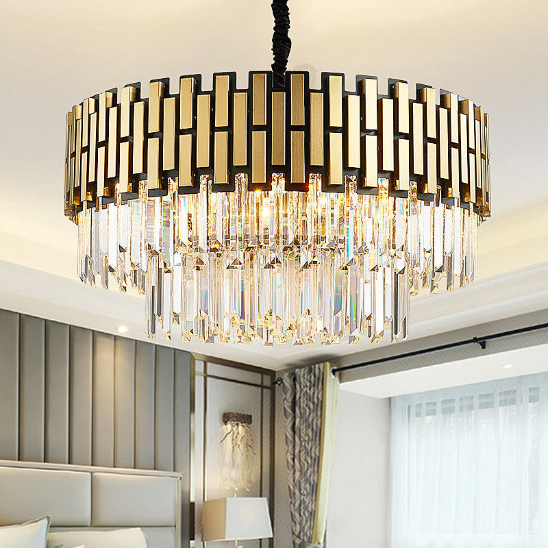 Contemporary Golden Chandelier Light With Faceted Crystal - Metal Pendant Round Shade