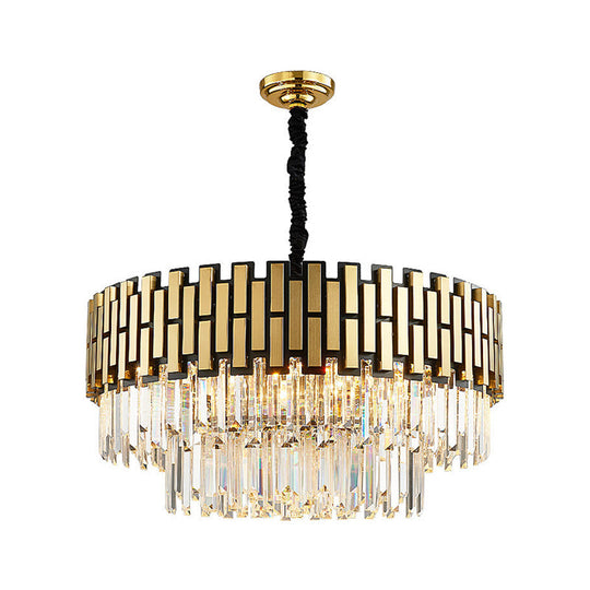 Contemporary Metal Pendant Chandelier with Round Shade & Faceted Crystal - Golden Hanging Light