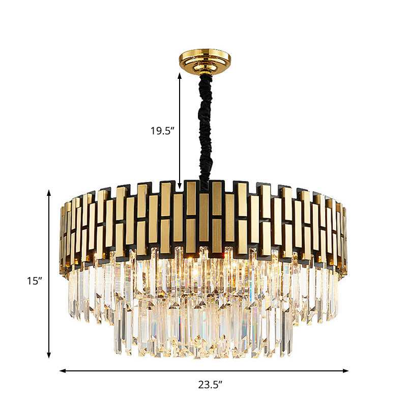 Contemporary Golden Chandelier Light With Faceted Crystal - Metal Pendant Round Shade