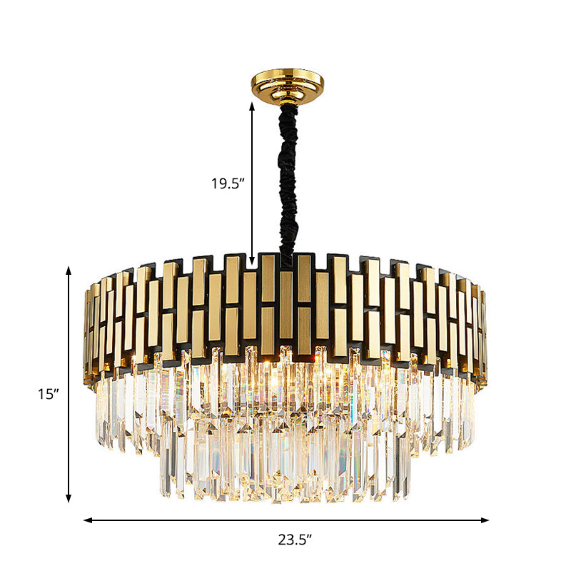 Contemporary Golden Chandelier Light With Faceted Crystal - Metal Pendant Round Shade