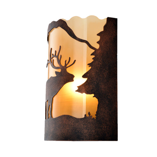 Rust One Light Retro Metal Sconce With Unique Tree/Elk Pattern Stylish Half Cylinder Lighting