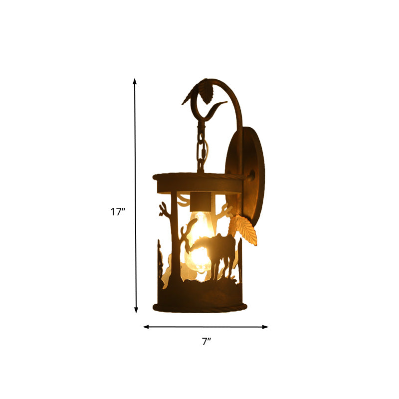 Industrial Rust Metal Wall Mounted Light With Leaf And Horse Pattern - 1 Bulb Cylinder Lighting