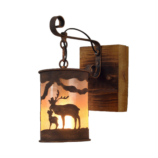 Rustic Metal Wall Mounted Lamp - Cylinder Industrial Sconce Light With Wood Backplate