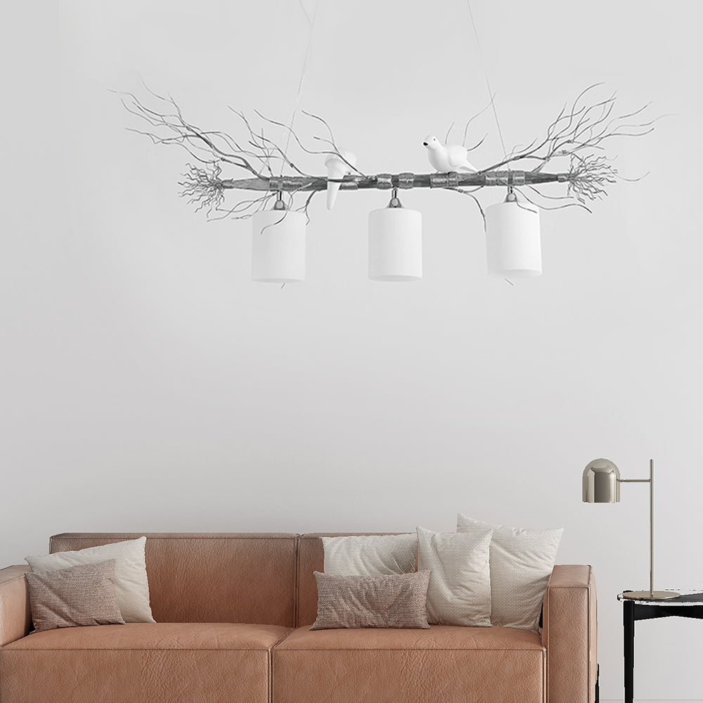 Modern 3-Head White Glass Pendant Light With Gold/Silver Branch - Cylinder Ceiling Island Fixture