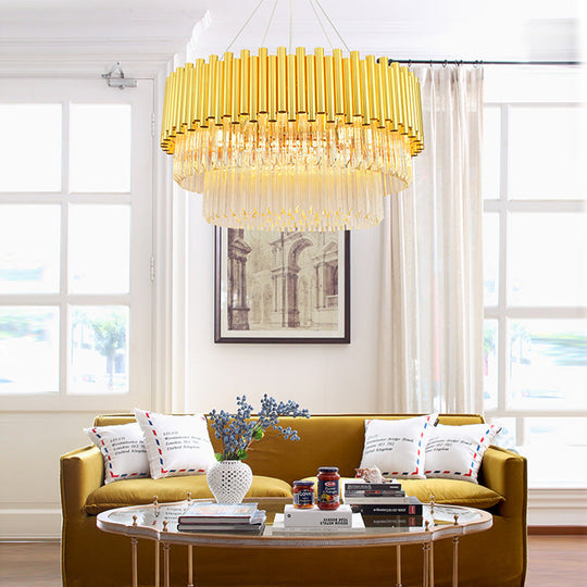 Vintage Brass Metal Chandelier With Crystal Block - Round Shade & Multi Lights