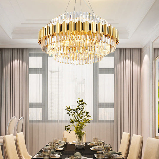 Vintage Metal Chandelier Light With Layered Pendant And Faceted Crystal In Gold For Dining Room /