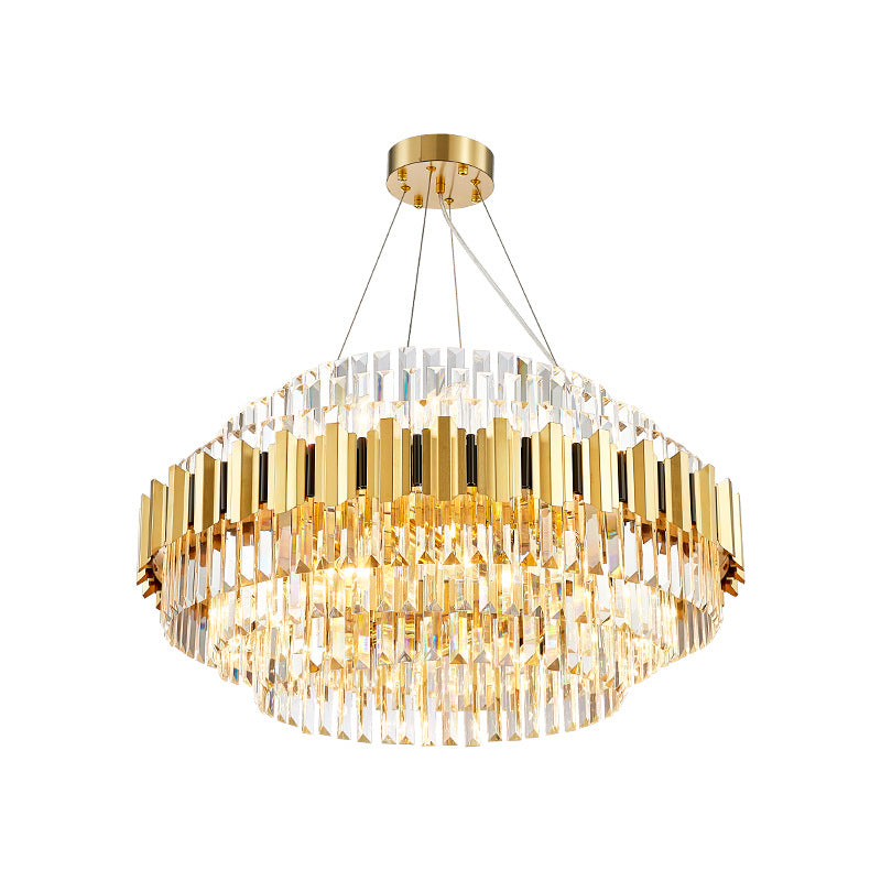 Vintage Metal Chandelier Light With Layered Pendant And Faceted Crystal In Gold For Dining Room