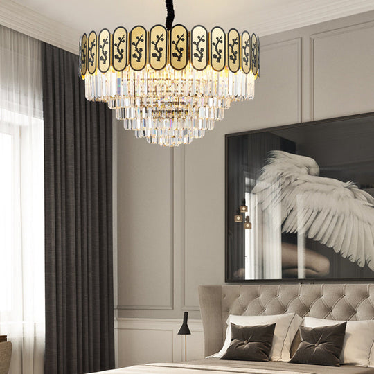 Modern Round Chandelier with Flower Pattern, Crystal and Metal Hanging Light for Bedroom - Brass Finish