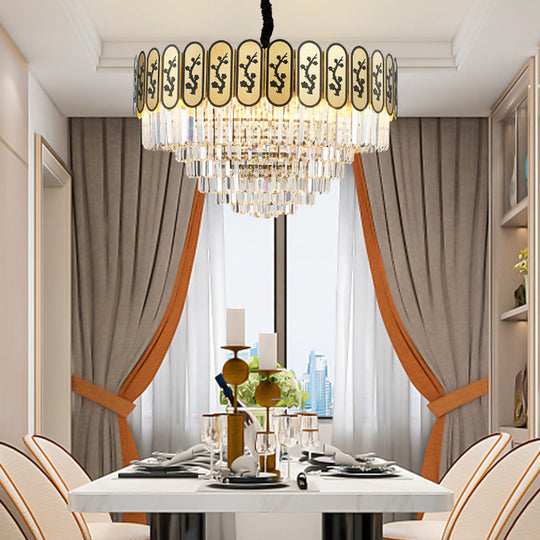 Modern Round Chandelier With Flower Pattern In Brass For Bedroom - Crystal And Metal Hanging Light