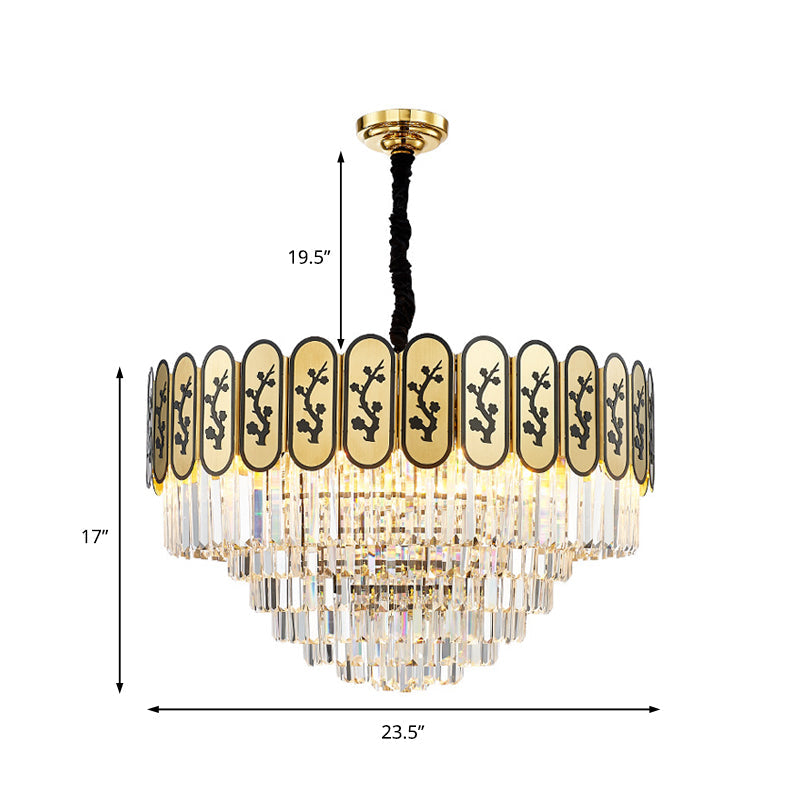 Modern Round Chandelier with Flower Pattern, Crystal and Metal Hanging Light for Bedroom - Brass Finish