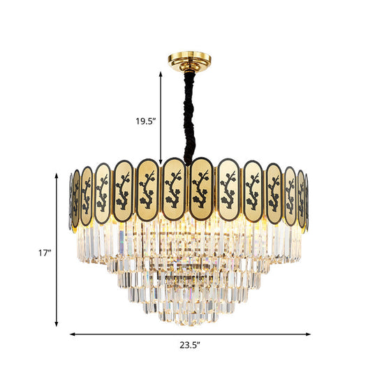 Modern Round Chandelier With Flower Pattern In Brass For Bedroom - Crystal And Metal Hanging Light