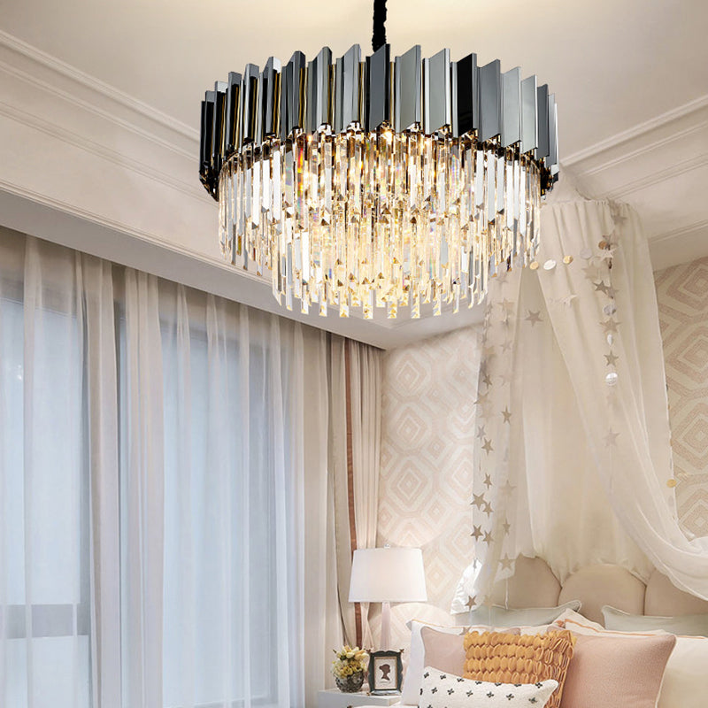 Tiered Vintage Stainless Steel Chandelier With Crystal Block - Silver Pendant Light For Living Room