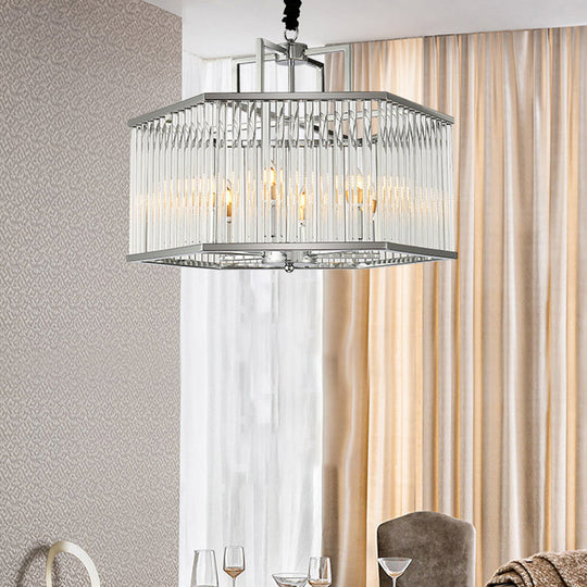 Hexagon Chrome Pendant Chandelier with Crystal - Modern Metal Hanging Lamp for Living Room