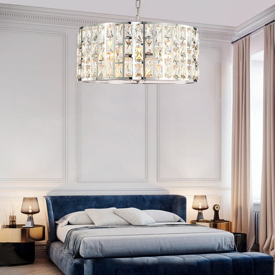 Contemporary Drum Chandelier: Clear Crystal Pendant Lamp With Metal Chain Chrome Finish For Bedroom