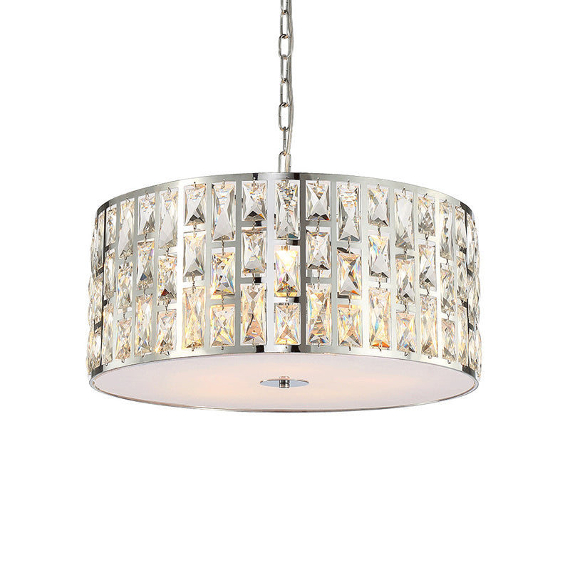 Contemporary Drum Chandelier: Clear Crystal Pendant Lamp With Metal Chain Chrome Finish For Bedroom
