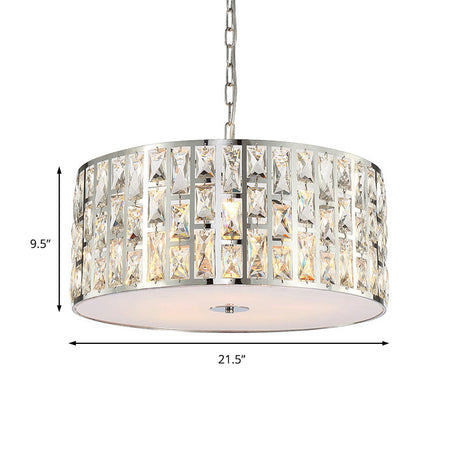 Contemporary Drum Chandelier: Clear Crystal Pendant Lamp With Metal Chain Chrome Finish For Bedroom