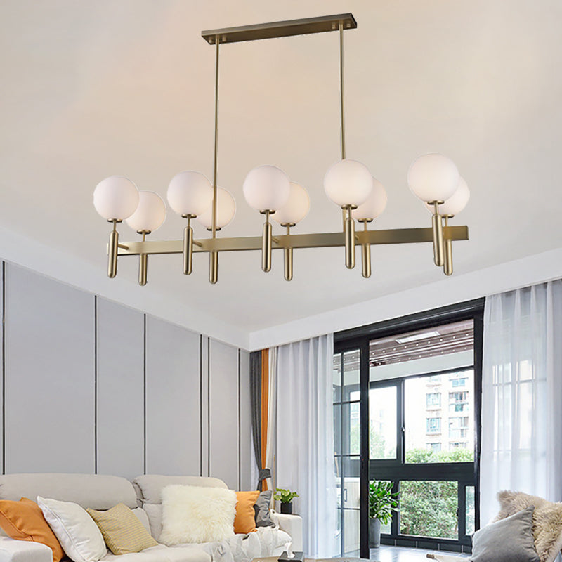 Contemporary 10-Light Pendant With Gold Linear Design And White Glass Shades Island Ceiling Light