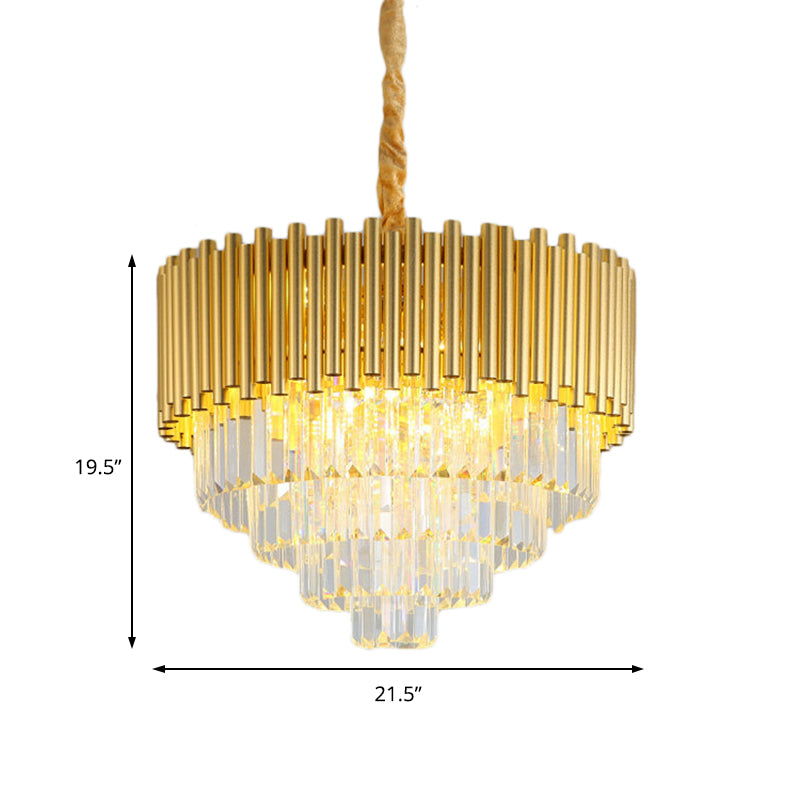 Contemporary 3-Tier Circle Metal Pendant Chandelier Light with K9 Block, Brass Finish