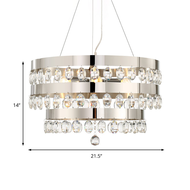 Chrome Multi-Light Chandelier With Clear Crystal Deco And Tiered Rings