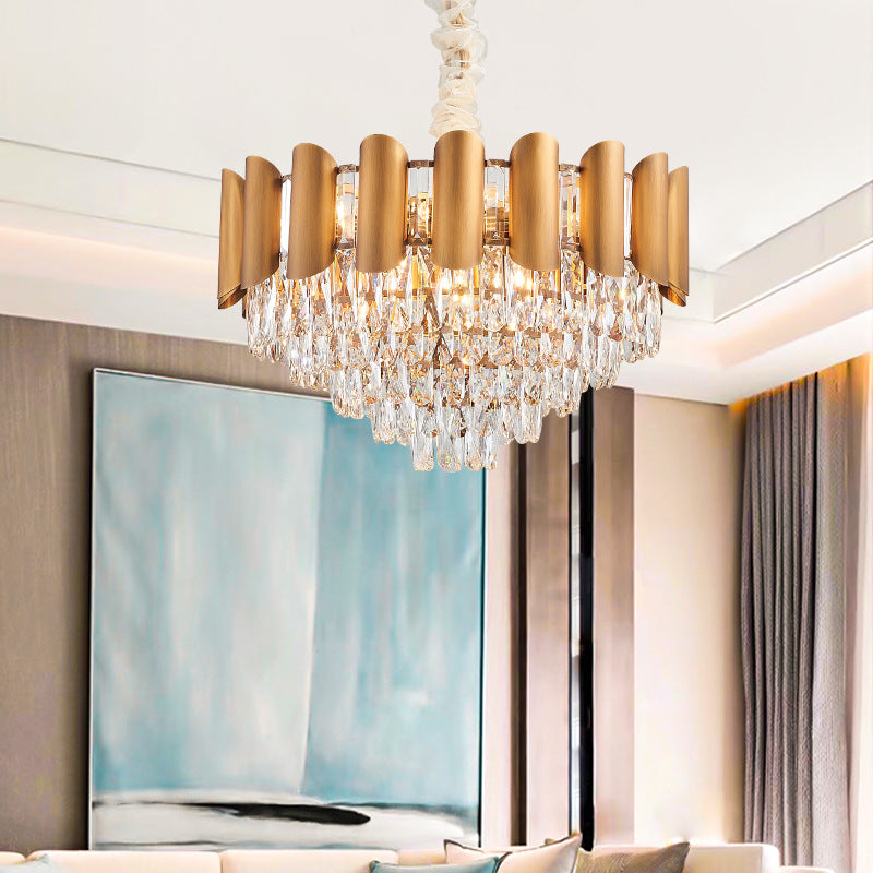 Modern Brass Metal Layered Pendant Lamp With Multi Light Chandelier And Faceted Crystal