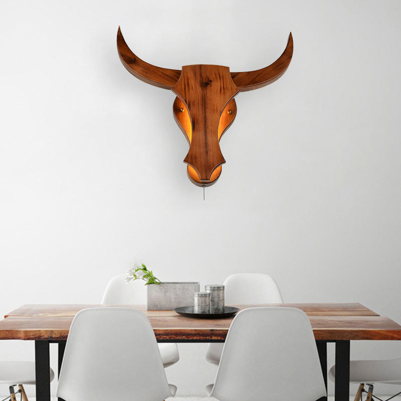Industrial Wooden Bull Sconce Light For Dining Room - 16/19.5 W Brown Finish Wood / 16