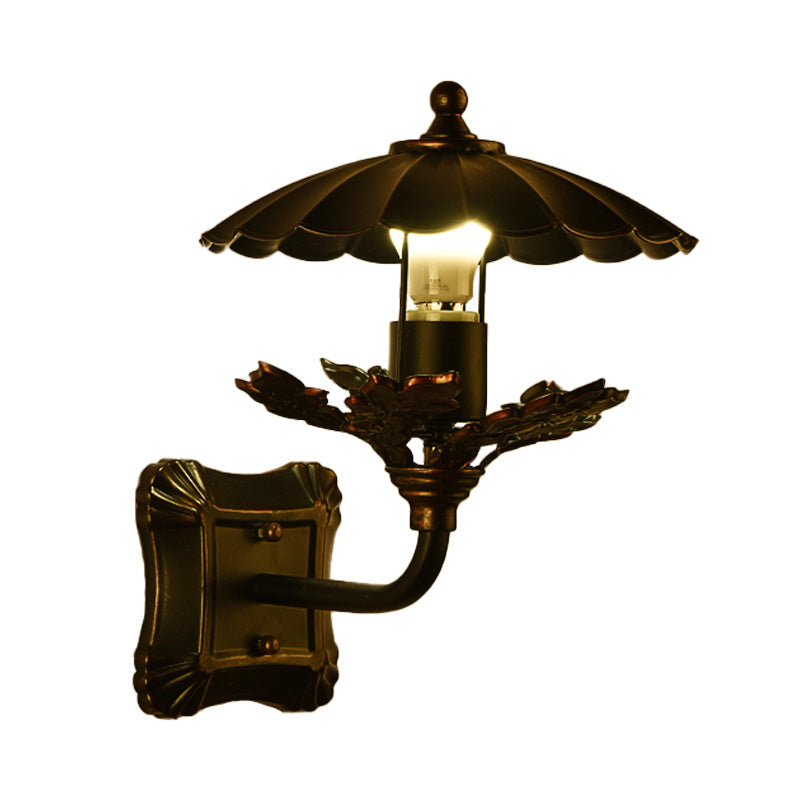 Bronze Cone Sconce With Leaf Decoration And Square Backplate - 1-Light Industrial Wall Lamp