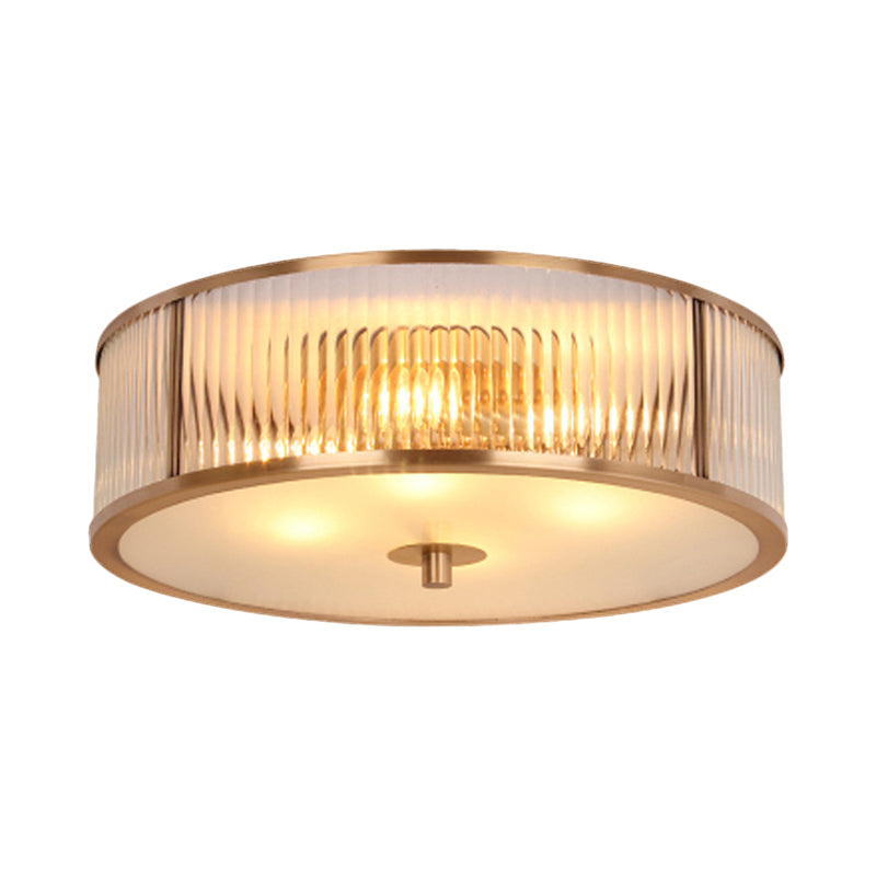 Antiqued Opaline Glass Fluted Drum Flush Mount Ceiling Light With Brass Accents - 3 Heads For