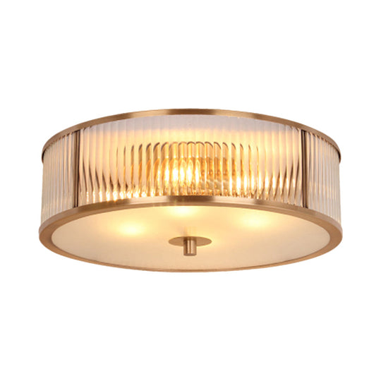 Antiqued Opaline Glass 3-Head Brass Flush Mount Light With Fluted Drum Design For Bedrooms Ceiling