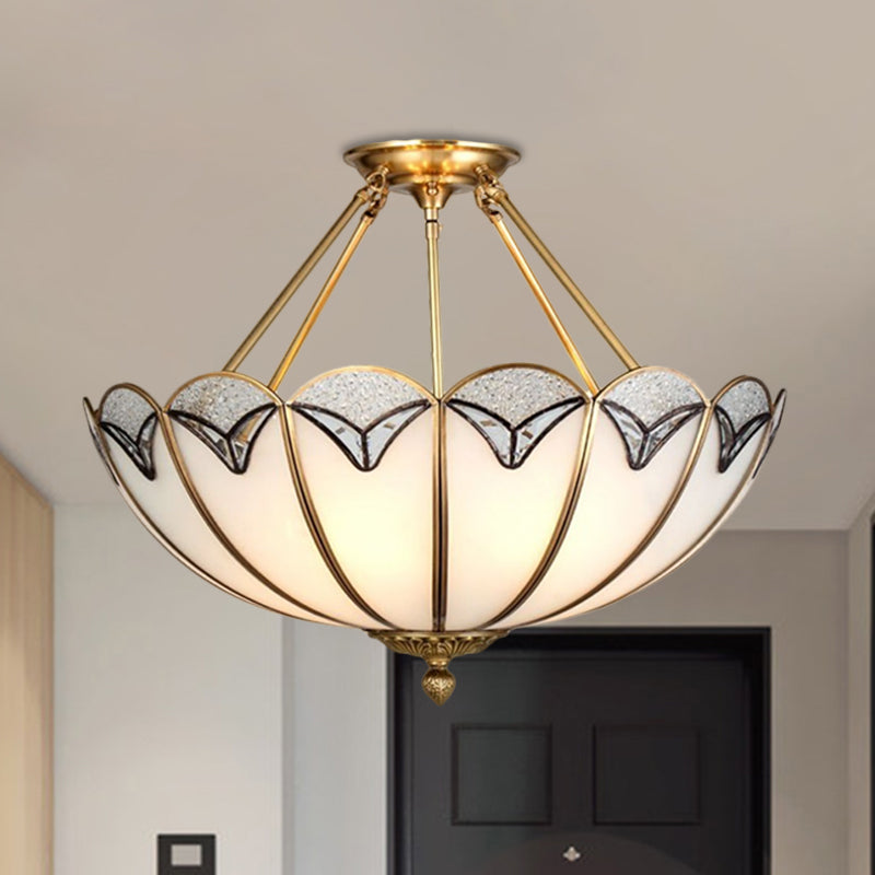 Vintage Brass Semi-Flush Mount Umbrella-Like Light With Milky Glass - 4 Heads