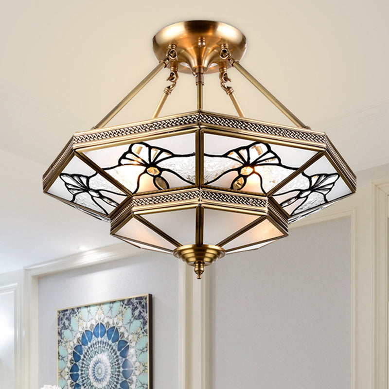 Dragonfly Pattern 4-Light Brass Semi Flush Mount Lamp With Countryside Cream Glass Tapered Drawing