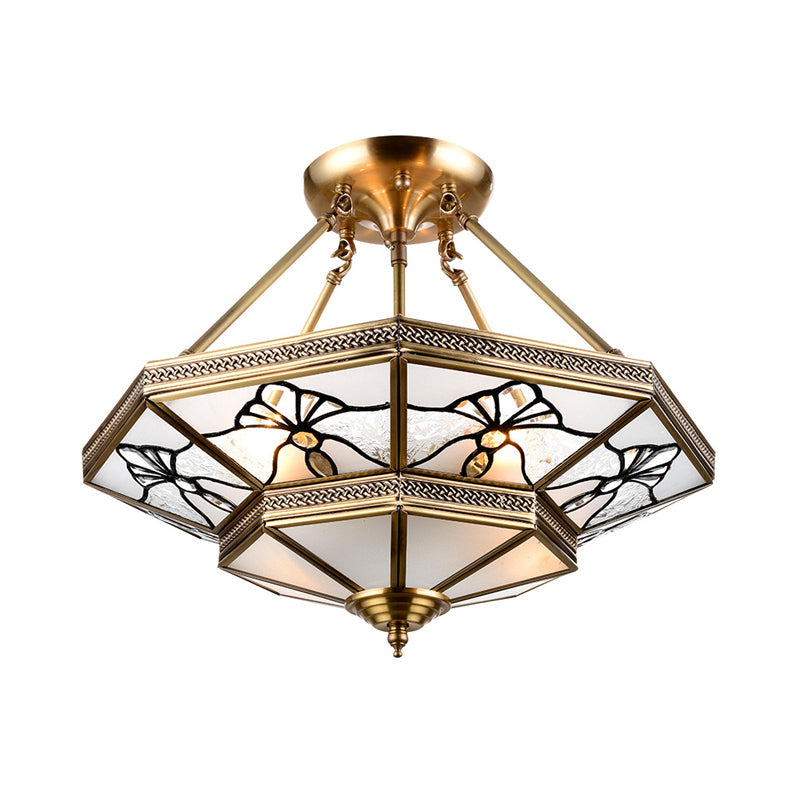 Dragonfly Pattern 4-Light Brass Semi Flush Mount Lamp With Countryside Cream Glass Tapered Drawing