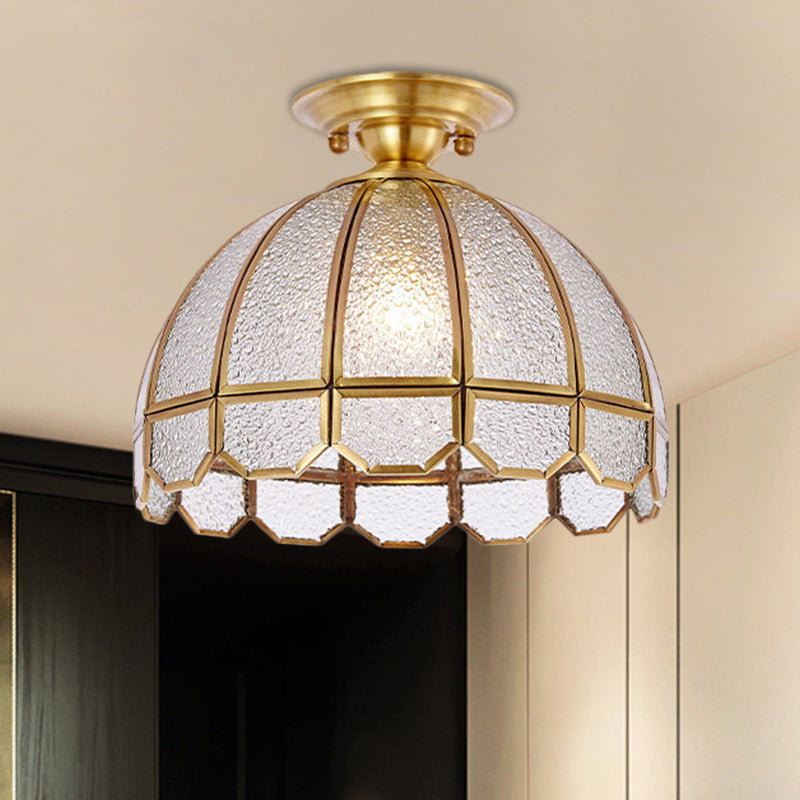 Antiqued Brass Scalloped Dome Semi Flush Ceiling Light With Ripple Glass