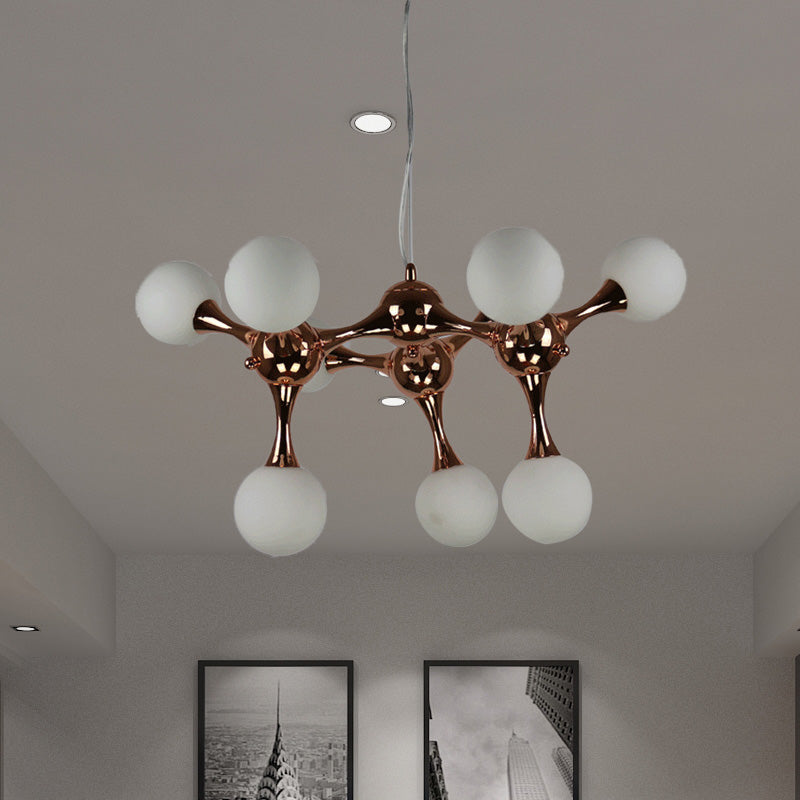 Contemporary Metal Chandelier with 9/15 Lights: Starburst Style, Rose Gold Finish, White Glass Bubble Shade