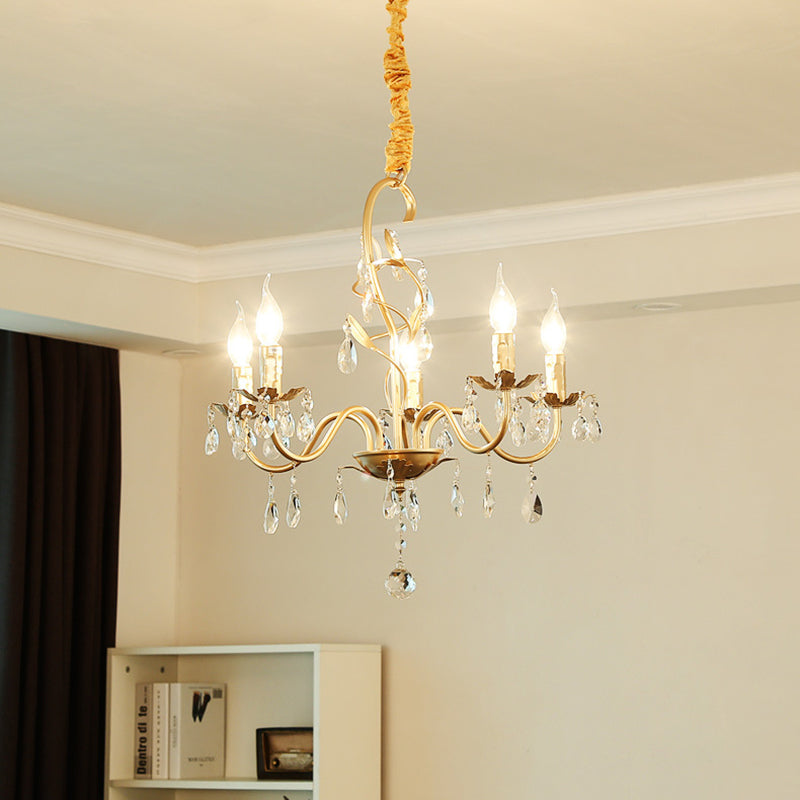Modern Gold Finish 5/8-Light Metallic Chandelier Lamp with Crystal Deco and Curved Arm