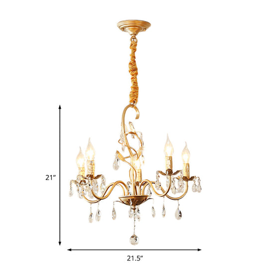 Modern Gold Finish 5/8-Light Metallic Chandelier Lamp with Crystal Deco and Curved Arm