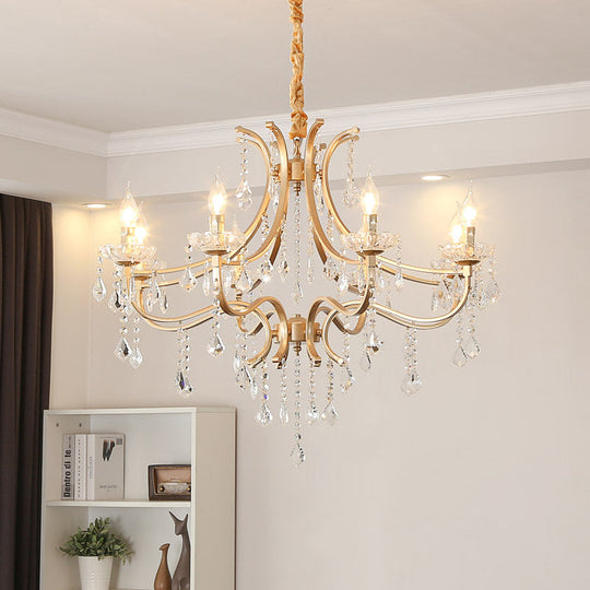 Modern Metal Flameless Candle Pendant Chandelier With Crystal Bead - Gold 6/8 Heads