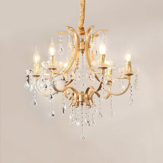 Modern Metal Flameless Candle Pendant Chandelier with Crystal Beads in Gold - 6/8 Heads Hanging Lamp