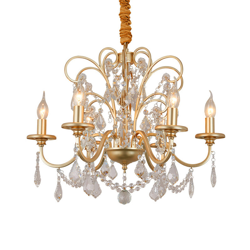 Vintage Gold Flameless Metal Pendant Chandelier With Crystal Decoration - 3/6-Heads Hanging Lamp