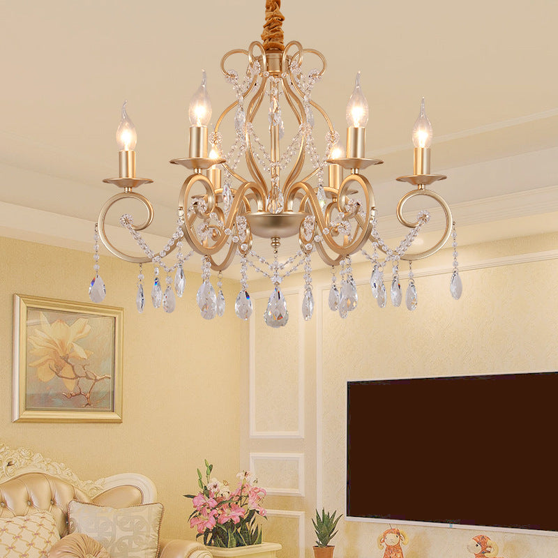 French Country Candle Chandelier Metal Pendant Light With Crystal Bead Accents In Gold 3/6/8 Lights