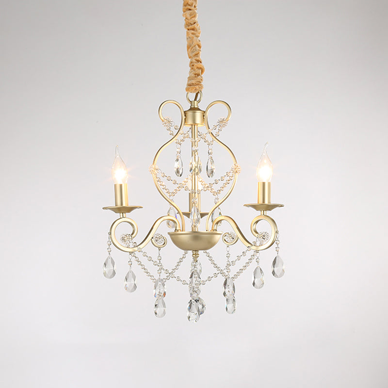 French Country Candle Chandelier Metal Pendant Light With Crystal Bead Accents In Gold 3/6/8 Lights