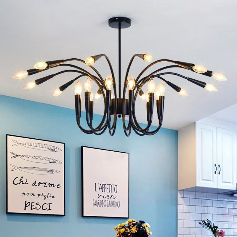 Modern Abstract Metal Chandelier: Multi-Light Black Pendant Lamp With Curved Arm And Exposed Bulbs