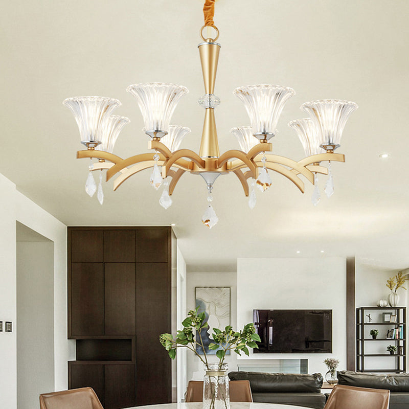 Modern Bell Shade Gold Chandelier With Clear Crystal Design - 6/8 Bulbs Pendant Lighting For Indoor