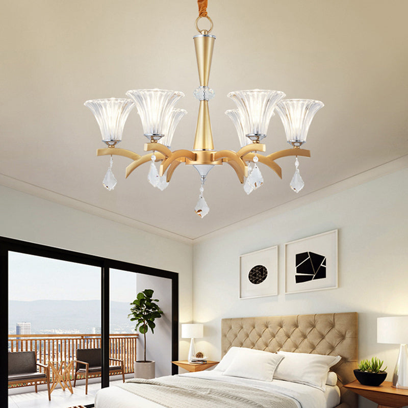 Modern Bell Shade Gold Chandelier With Clear Crystal Design - 6/8 Bulbs Pendant Lighting For Indoor
