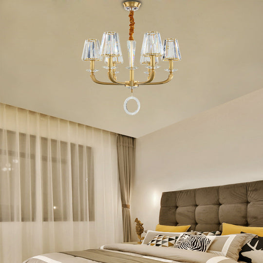 Modern Brass Pendant Light Fixture With Clear Crystal Cone Shade - 6 Chandelier For Bedroom