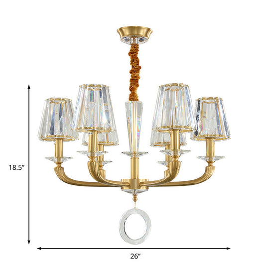 Modern Brass Pendant Light Fixture With Clear Crystal Cone Shade - 6 Chandelier For Bedroom