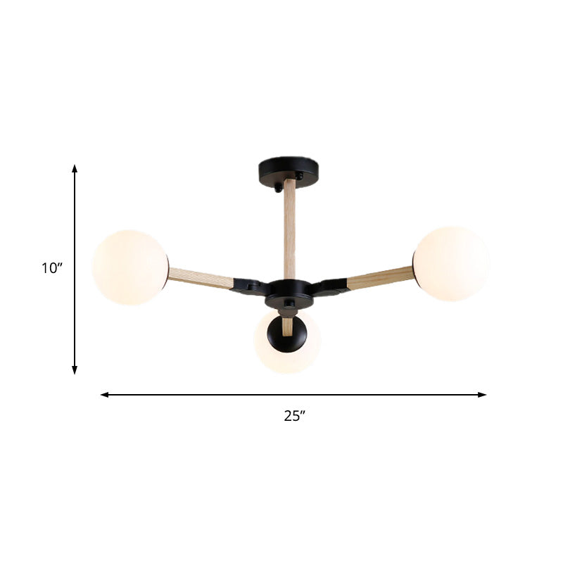 Contemporary Wood Branch Chandelier With White/Black/Gold Finish 3/6/9 Lights And White Glass Shade