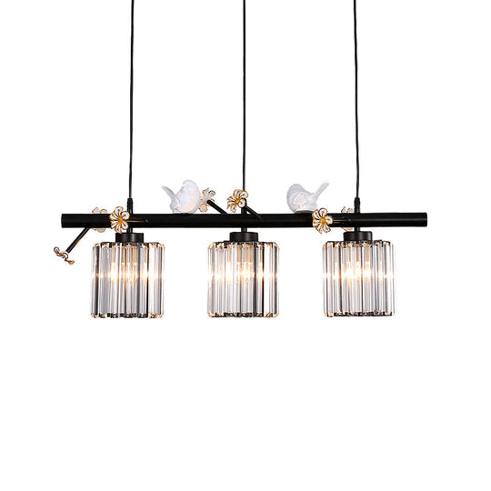 Black Island Pendant Light With Clear Crystal Cylinder And Lodge Style Accents - 3 Lights Bird