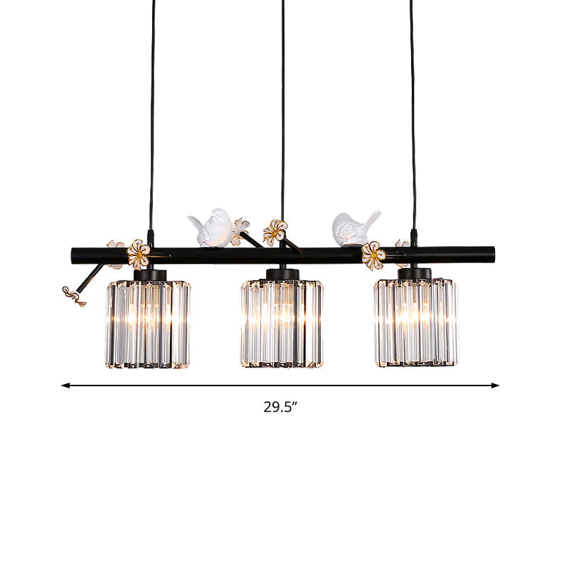 Black Island Pendant Light With Clear Crystal Cylinder And Lodge Style Accents - 3 Lights Bird